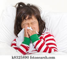 criança cama, com, gelado, espirrando