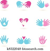 Hands and Love abstract icons collection isolated on white