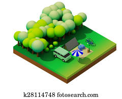 isometric, zalesniť, táborenie