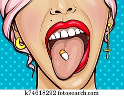 גלולה, ב, tongue,, פנים של אישה, עם, פה פתוח, צילום מקרוב