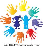 Children silhouette with color hands Children silhouette with color hands