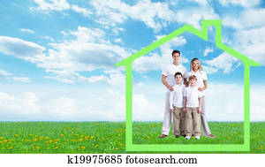 Happy family near new home.