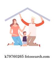 Mother, Father and Their Son at Home, House Frame with Happy Family Vector Illustration Mother, Father and Their Son at Home, House Frame with Happy Family Vector Illustration