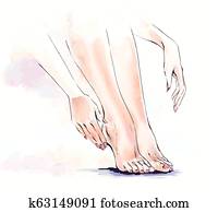 Watercolor illustration of body care, salon of manicure and pedicure Watercolor illustration of body care, salon of manicure and pedicure