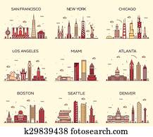 American cities skyline trendy illustration linear American cities skyline trendy illustration linear
