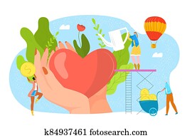 Donate blood, charity, philantrophy concept for donor day, help and save life vector illustration. Heart in loving hands, donation and money.