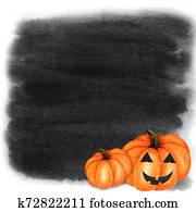 Halloween creepy pumpkin Watercolor hand painted abstract brush strokes pattern. Black background. Greeting card, poster, banner concept with copy space for text. Autumn colors Halloween creepy pumpkin Watercolor hand painted abstract brush strokes pattern. Black background. Greeting card, poster, banner concept with copy space for text. Autumn colors
