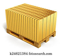 Stacks of gold ingots on shipping pallet