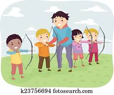 Stickman, crianças, tiro com arco, lição