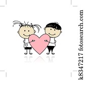 Valentine day. Children with big red heart for your design Valentine day. Children with big red heart for your design