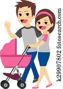Young Couple Pushing Stroller Young Couple Pushing Stroller