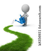 3d, קטן, אנשים, -, מכוסה עשב, דרך