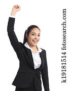Arab business woman euphoric raising arm