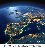 detalhado, earth., espanha, e, mar mediterrâneo, ligado, um, moonlit, noturna detalhado, earth., espanha, e, mar mediterrâneo, ligado, um, moonlit, noturna