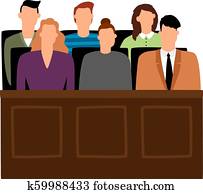 Jury trial. Jurors court in courtroom, prosecution people vector illustration Jury trial. Jurors court in courtroom, prosecution people vector illustration