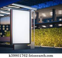 Modern bus stop with blank billboard at night. 3d rendering Modern bus stop with blank billboard at night. 3d rendering