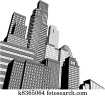 monokrom, stad, skyskrapor