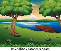 Nature scene with wooden Jetty on the lake background Nature scene with wooden Jetty on the lake background