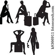 szexi, nők, alatt, bőrönd, körvonal