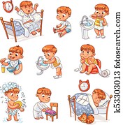 tecknad film, unge, dagligen rutin, aktiviteter, sätta