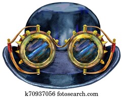 Watercolor black hat bowler with steampunk glasses. Cylinder - headdress. Vintage mens dress. Watercolor black hat bowler with steampunk glasses. Cylinder - headdress. Vintage mens dress.