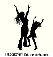 צללית, של, אמא וילדה, עם, ידיים הרימו, ב, שימחה