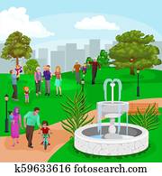 gelukkige familie, in park, met, fontijn, jongens en meisjes, spelend, buitenshuis, ongeveer, tuinbeelden, waterval, ongedwongen, mensen in, vakantie, vector, illustratie