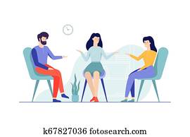 Family couple sitting on the chairs talking to female Family couple sitting on the chairs talking to female