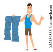 Man shows his weight loss by wearing an old jeans flat vector illustration.