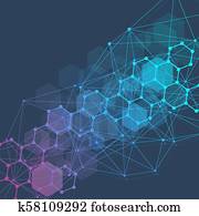 Modern futuristic background of the scientific hexagonal pattern. Virtual abstract background with particle, molecule structure for medical, technology, chemistry, science. Social network vector. Modern futuristic background of the scientific hexagonal pattern. Virtual abstract background with particle, molecule structure for medical, technology, chemistry, science. Social network vector.