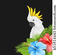 Parrot White Cockatoo with Colorful Hibiscus Flowers Blossom and Tropical Leaves