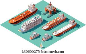 Vector isometric ships and oil rig Vector isometric ships and oil rig