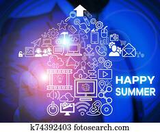 Word writing text Happy Summer. Business concept for Beaches Sunshine Relaxation Warm Sunny Season Solstice Male human wear formal work suit presenting presentation using smart device. Word writing text Happy Summer. Business concept for Beaches Sunshine Relaxation Warm Sunny Season Solstice Male human wear formal work suit presenting presentation using smart device.