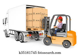 3D Worker driving a forklift loading a truck