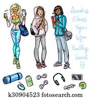 bonito, sporty, mulheres, conversando