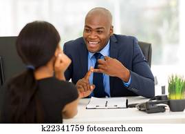 americano africano, homem negócios, reunião, com, cliente