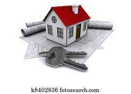 Composition of construction drawings, models at home with red roof and keys. 3D rendering