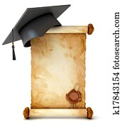 Graduation cap and diploma. Unfurled an ancient scroll with wax seal. Conceptual illustration. Isolated on white background. 3d render Graduation cap and diploma. Unfurled an ancient scroll with wax seal. Conceptual illustration. Isolated on white background. 3d render