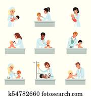 Pediatrician doctors doing medical examination of little kids set, male and female doctors checkup for babies vector Illustrations Pediatrician doctors doing medical examination of little kids set, male and female doctors checkup for babies vector Illustrations