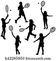 Silhouettes of children playing tennis Silhouettes of children playing tennis