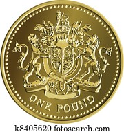 Vector British money gold coin one pound with the coat of arms