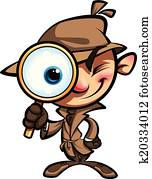 Cartoon cute detective investigate with brown coat and eye glass Cartoon cute detective investigate with brown coat and eye glass