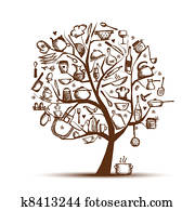 kunst, baum, mit, kueche, utensils,, skizze, zeichnung, für, dein, design kunst, baum, mit, kueche, utensils,, skizze, zeichnung, für, dein, design