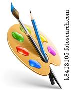 kunst, palette, mit, farbpinsel, und, bleistift, werkzeuge, für, zeichnung kunst, palette, mit, farbpinsel, und, bleistift, werkzeuge, für, zeichnung