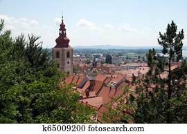 Roofs of old city center and Saint George church in Ptuj, town on the Drava River banks, Lower Styria Region, Slovenia