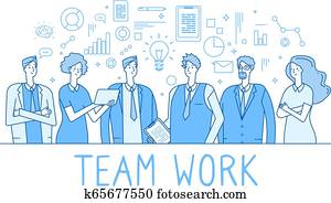 teamwork, lijn, concept., creatief, handel team, kantoormensen, employees., samenwerking, technologie, modieus, platte, schets, vector, achtergrond