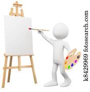 3D artist painting on a canvas on an easel 3D artist painting on a canvas on an easel