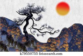 3d illustration, gray textured background, abstract mountains, large black pine, sunset 3d illustration, gray textured background, abstract mountains, large black pine, sunset