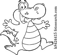 esboçado, feliz, jacaré