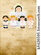 first communion card vertical, angel with a group of children first communion card vertical, angel with a group of children